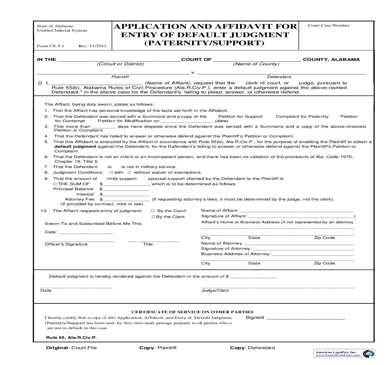 Application And Affidavit For Entry Of Default Judgment {CS-5.1} | Pdf Fpdf Doc Docx | Alabama