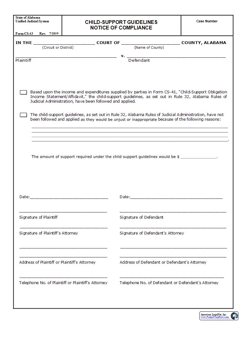 Child Support Guidelines Notice Of Compliance {CS-43} | Pdf Fpdf Docx | Alabama