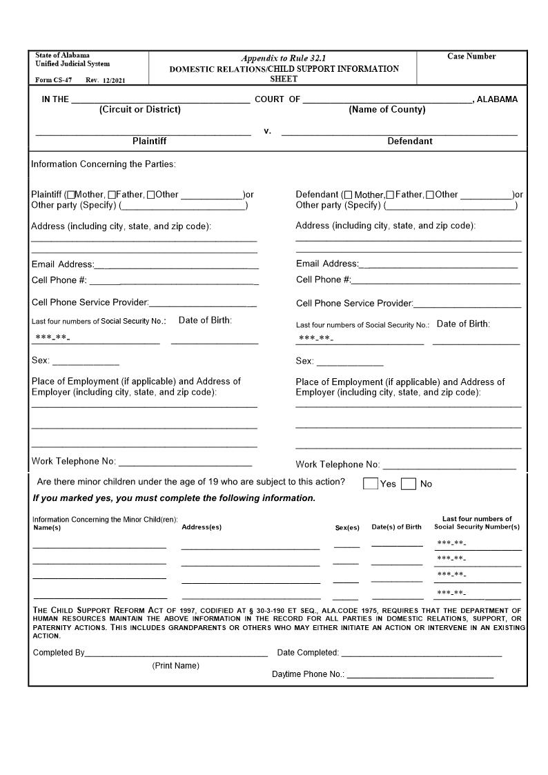 Child Support Information Sheet {CS-47} | Pdf Fpdf Docx | Alabama