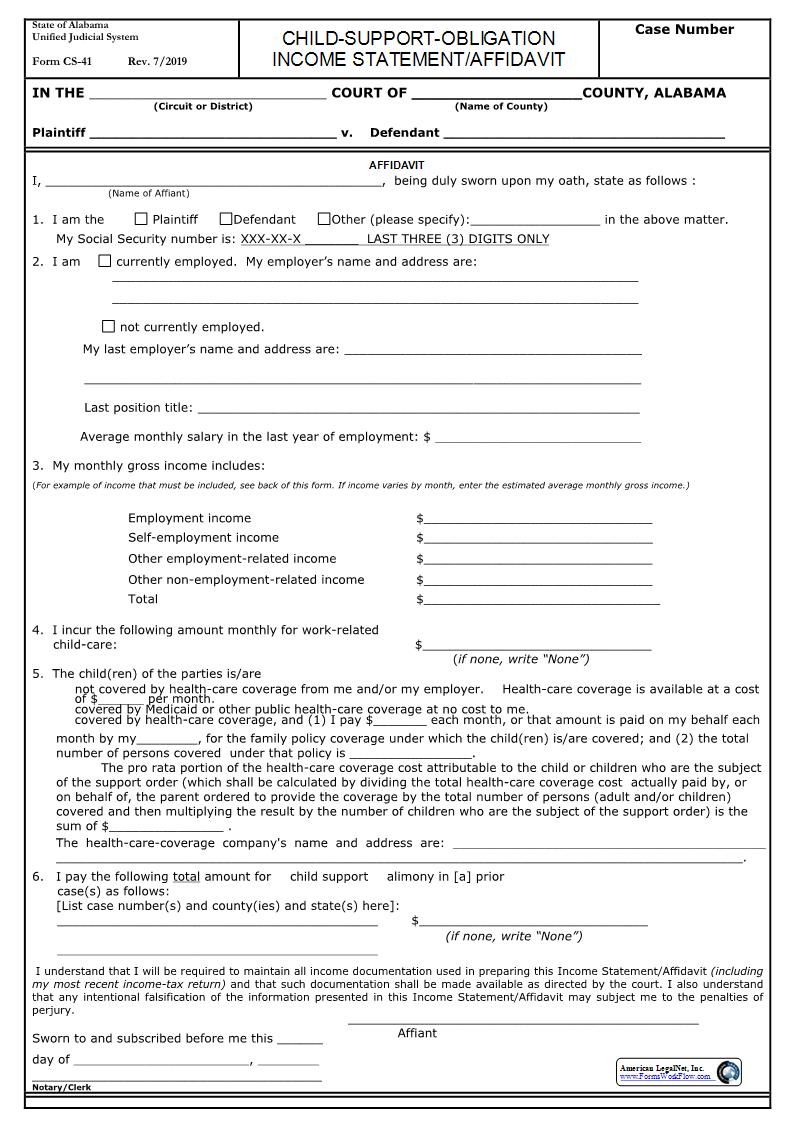 Child Support Obligation Income Statement-Affidavit {CS-41} | Pdf Fpdf Docx | Alabama