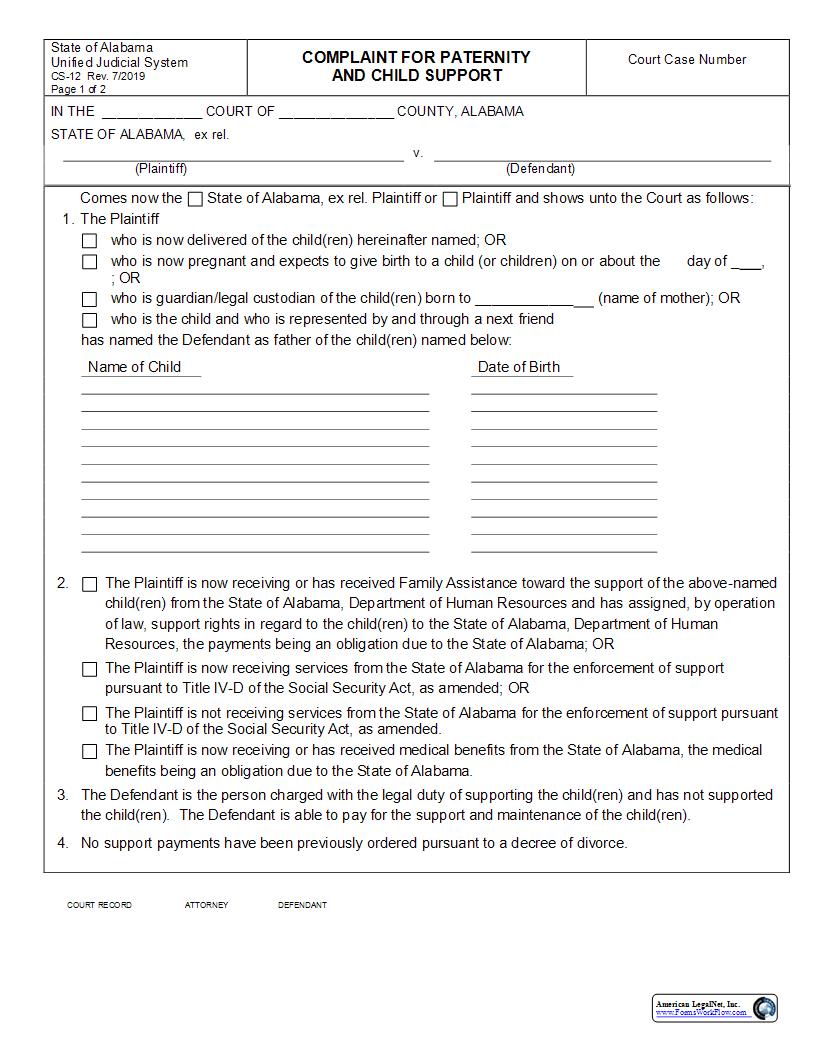 Complaint For Paternity And Child Support {CS-12} | Pdf Fpdf Docx | Alabama