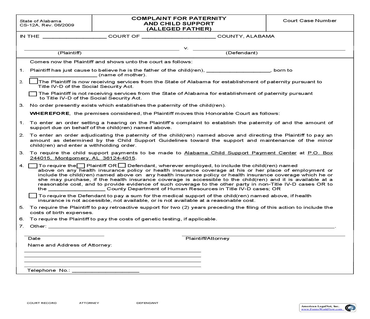 Complaint For Paternity And Child Support (Alleged Father) {CS-12A} | Pdf Fpdf Doc Docx | Alabama