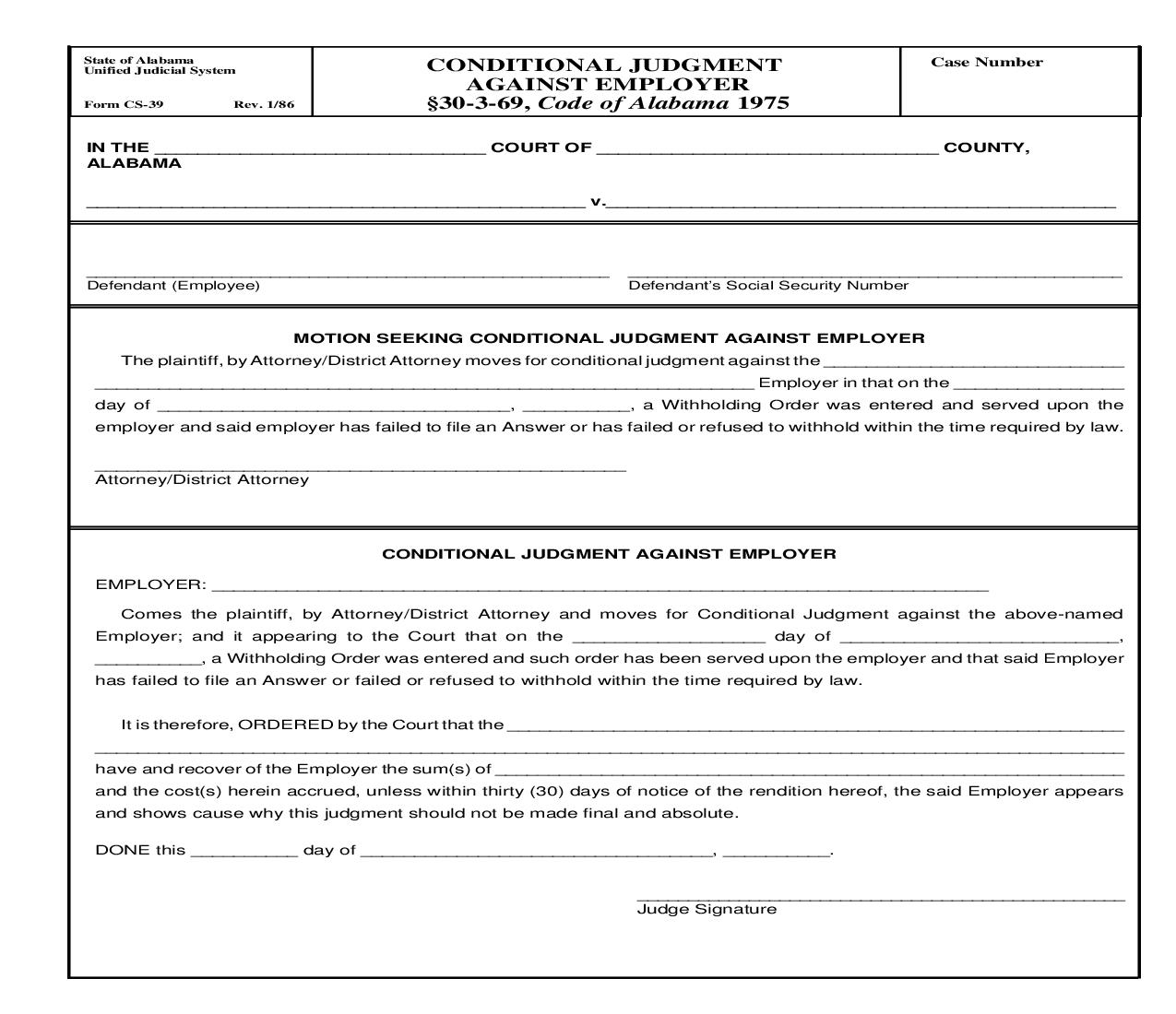 Conditional Judgment Against Employer {CS-39} | Pdf Fpdf Doc Docx | Alabama