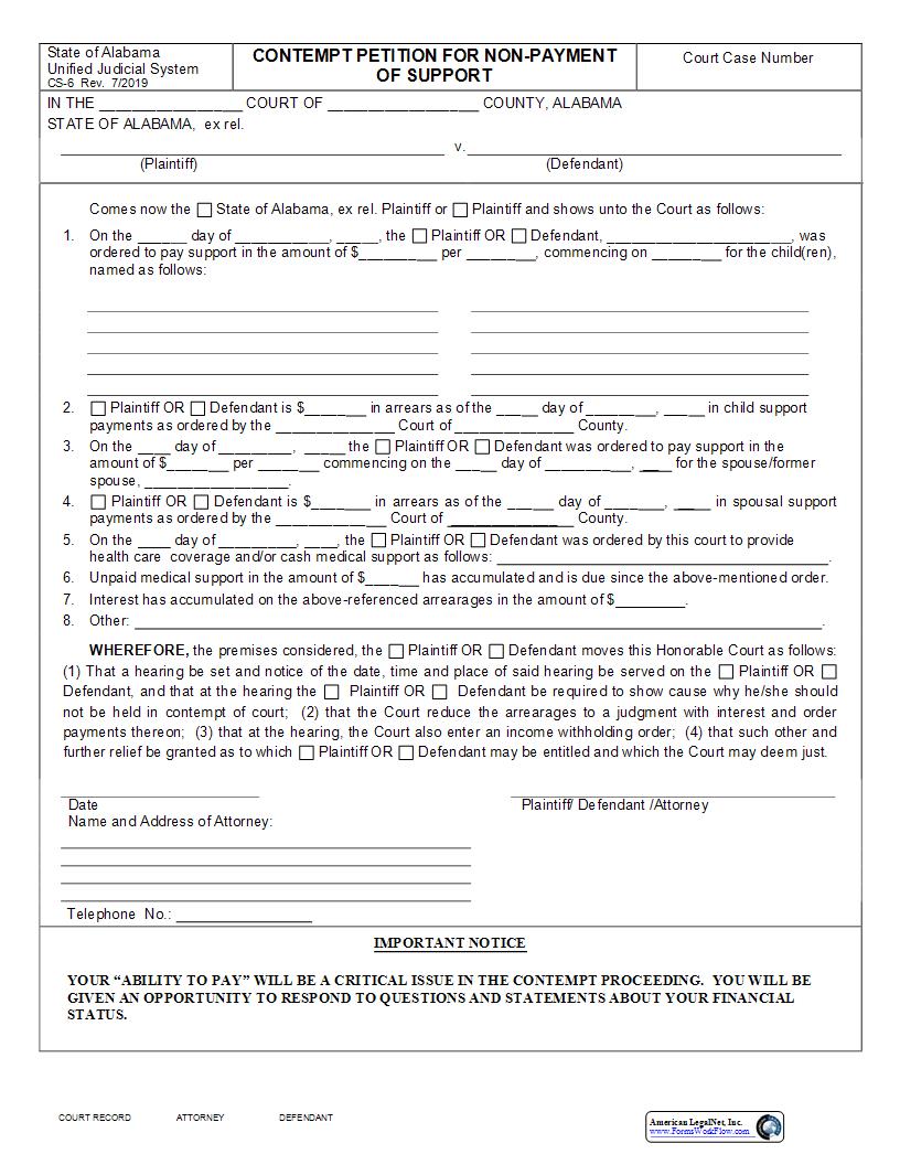 Contempt Petition For Nonpayment Of Support {CS-6} | Pdf Fpdf Docx | Alabama