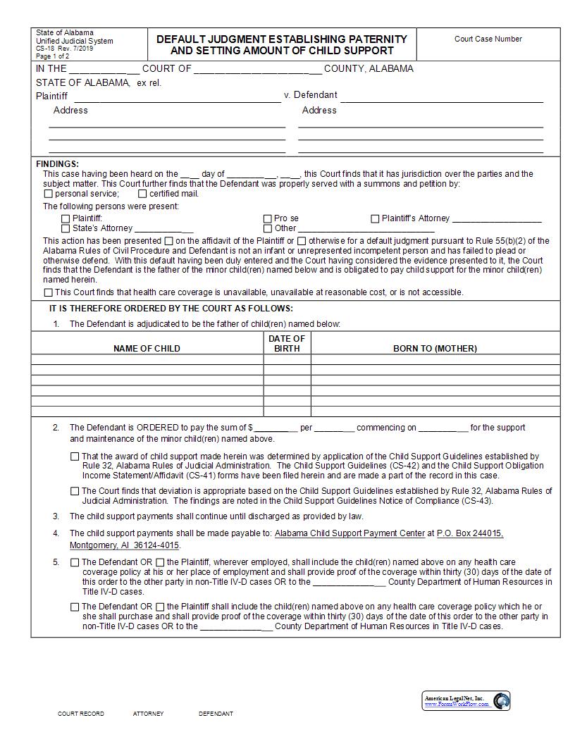 Default Judgment Establishing Paternity And Setting Amount Of Child Support {CS-18} | Pdf Fpdf Docx | Alabama