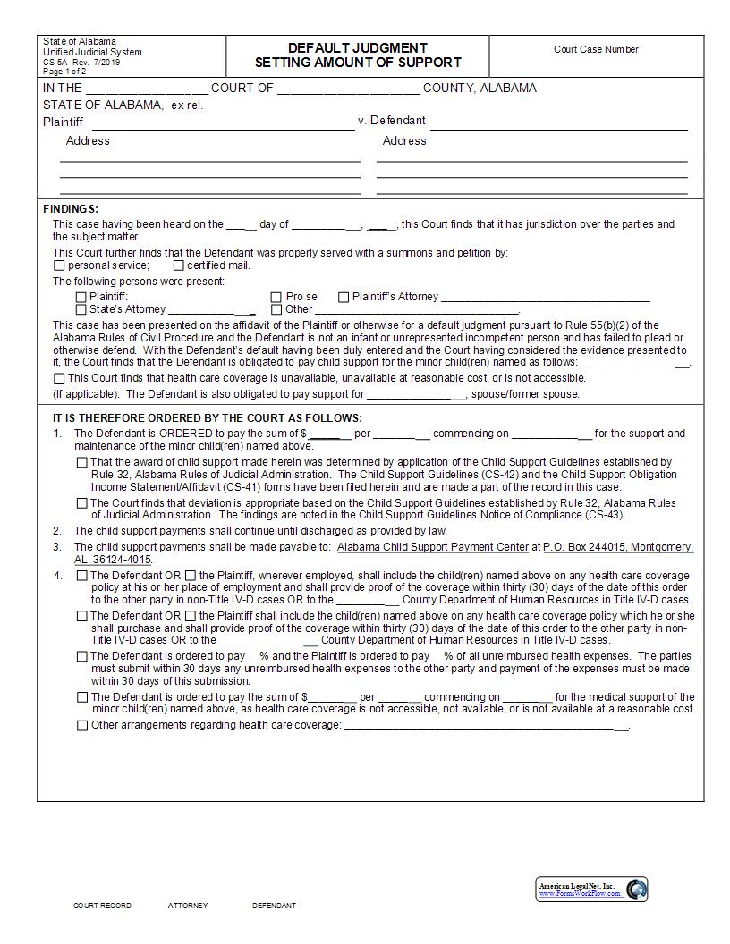 Default Judgment Setting Amount Of Support {CS-5A} | Pdf Fpdf Docx | Alabama
