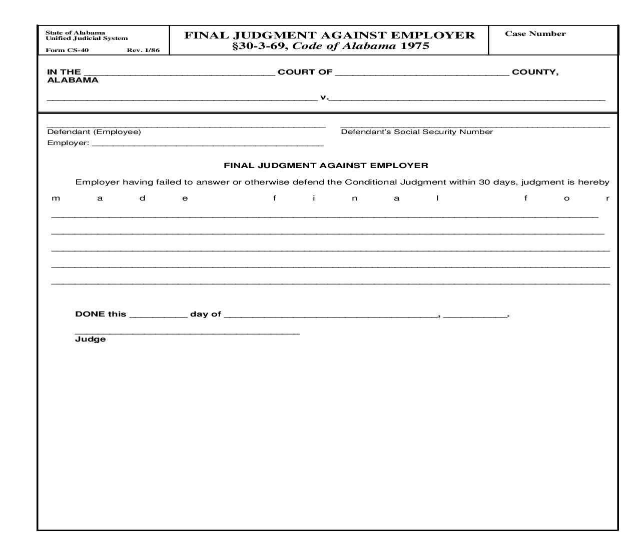 Final Judgment Against Employer {CS-40} | Pdf Fpdf Doc Docx | Alabama