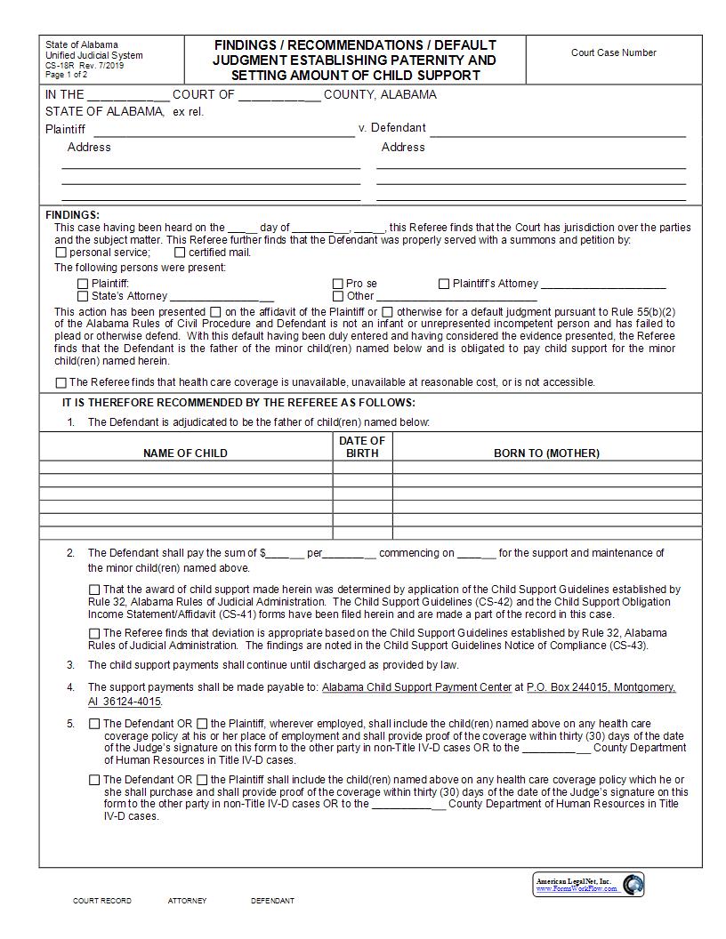 Findings Recommendations Default Judgement Establishing Paternity And Setting Amount Of Child Support {CS-18R} | Pdf Fpdf Docx | Alabama