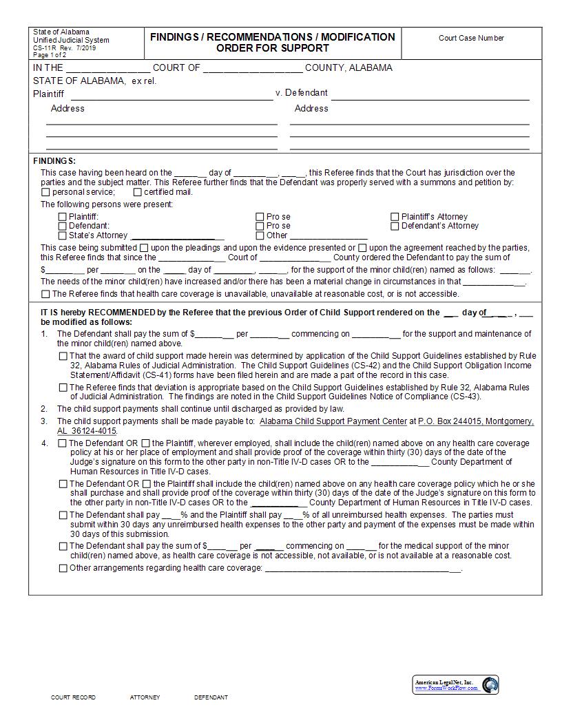 Findings Recommendations Modification Order For Support {CS-11R} | Pdf Fpdf Docx | Alabama
