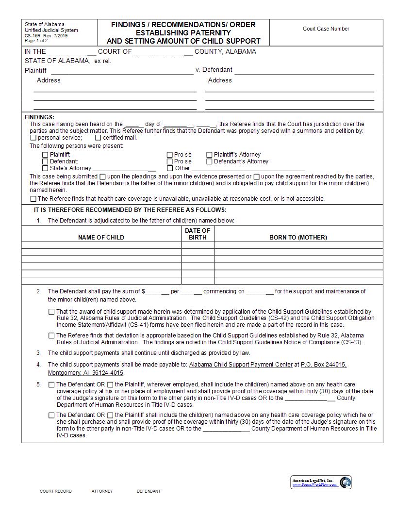 Findings Recommendations Order Establishing Paternity And Setting Amount Of Child Support {CS-16R} | Pdf Fpdf Docx | Alabama