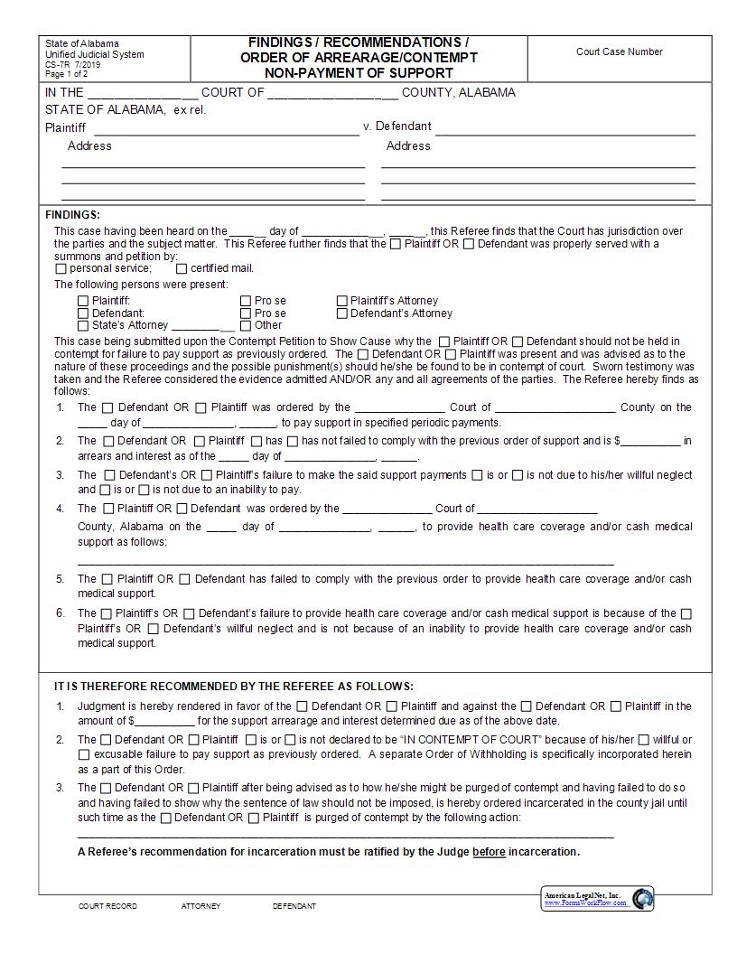 Findings Recommendations Order Of Arrearage Contempt {CS-7R} | Pdf Fpdf Docx | Alabama