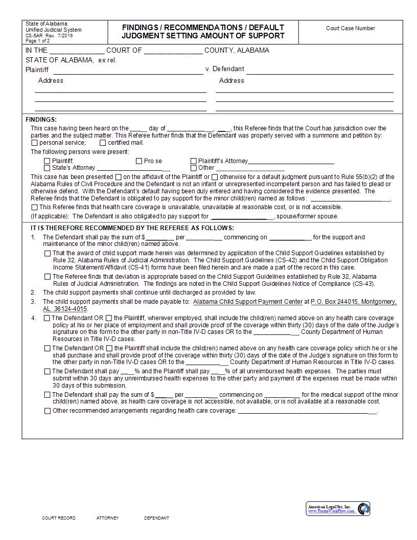 Findings, Recommendations, Default Judgment Setting Amount of Support {CS-5AR} | Pdf Fpdf Docx | Alabama