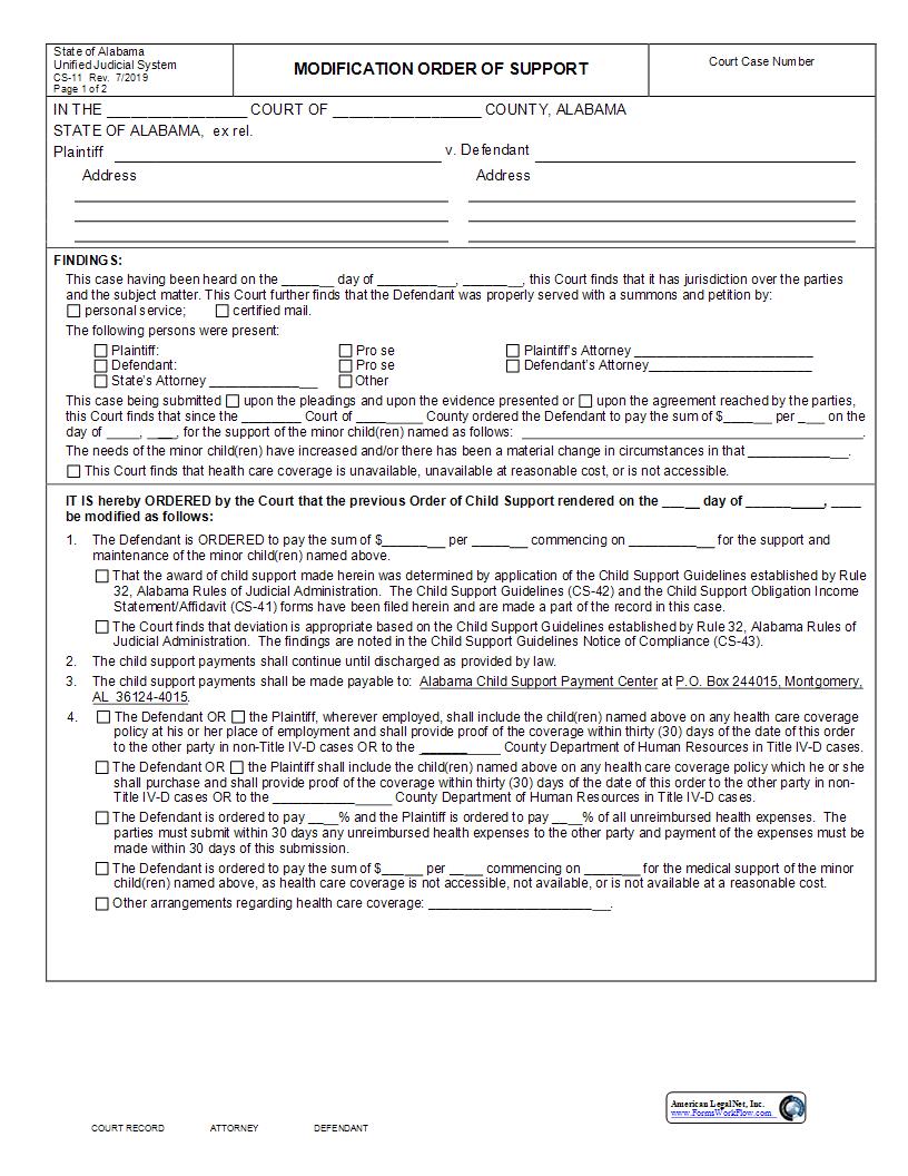 Modification Order of Support {CS-11} | Pdf Fpdf Docx | Alabama