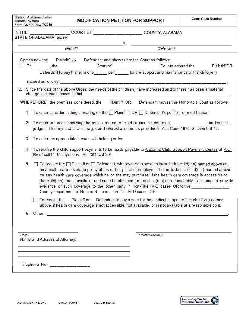 Modification Petition For Support {CS-10} | Pdf Fpdf Docx | Alabama