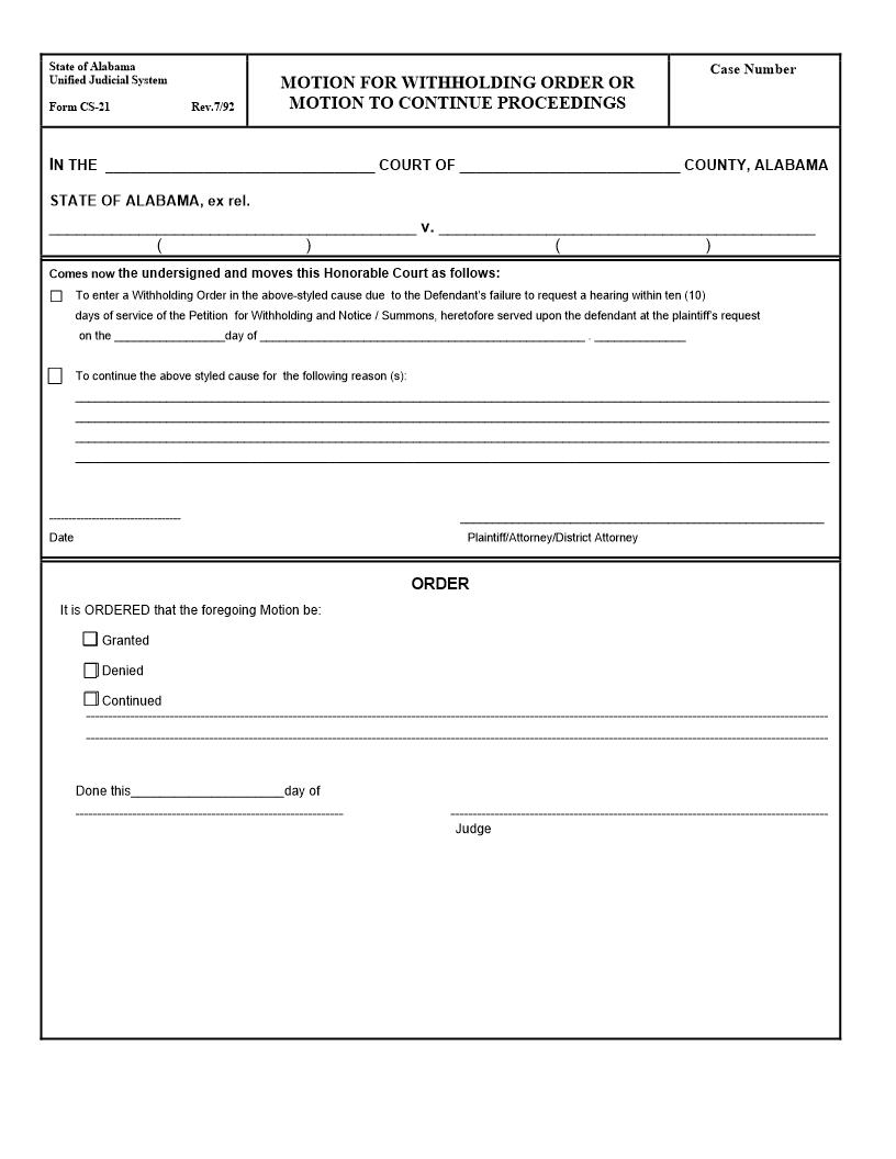Motion For Withholding Order Or Motion To Continue Proceedings {CS-21} | Pdf Fpdf Doc Docx | Alabama