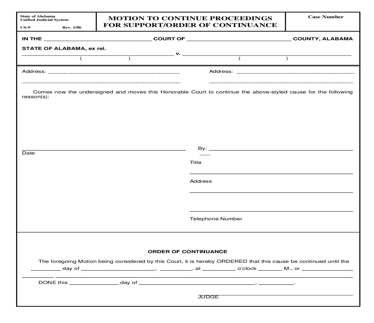 Motion To Continue Proceedings For Support-Order Of Continuance {CS-9} | Pdf Fpdf Doc Docx | Alabama