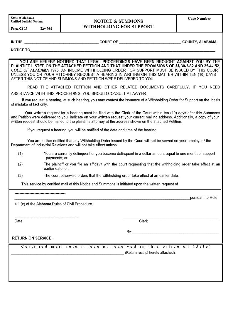 Notice And Summons - Withholding For Support {CS-19} | Pdf Fpdf Doc Docx | Alabama