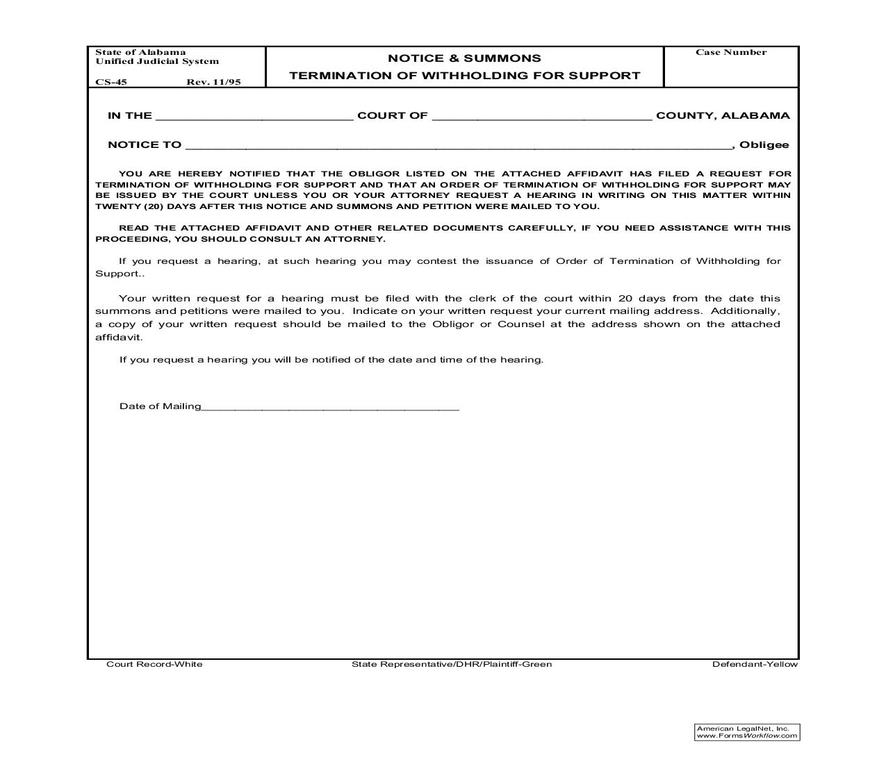 Notice And Summons Termination Of Withholding For Support {CS-45} | Pdf Fpdf Doc Docx | Alabama