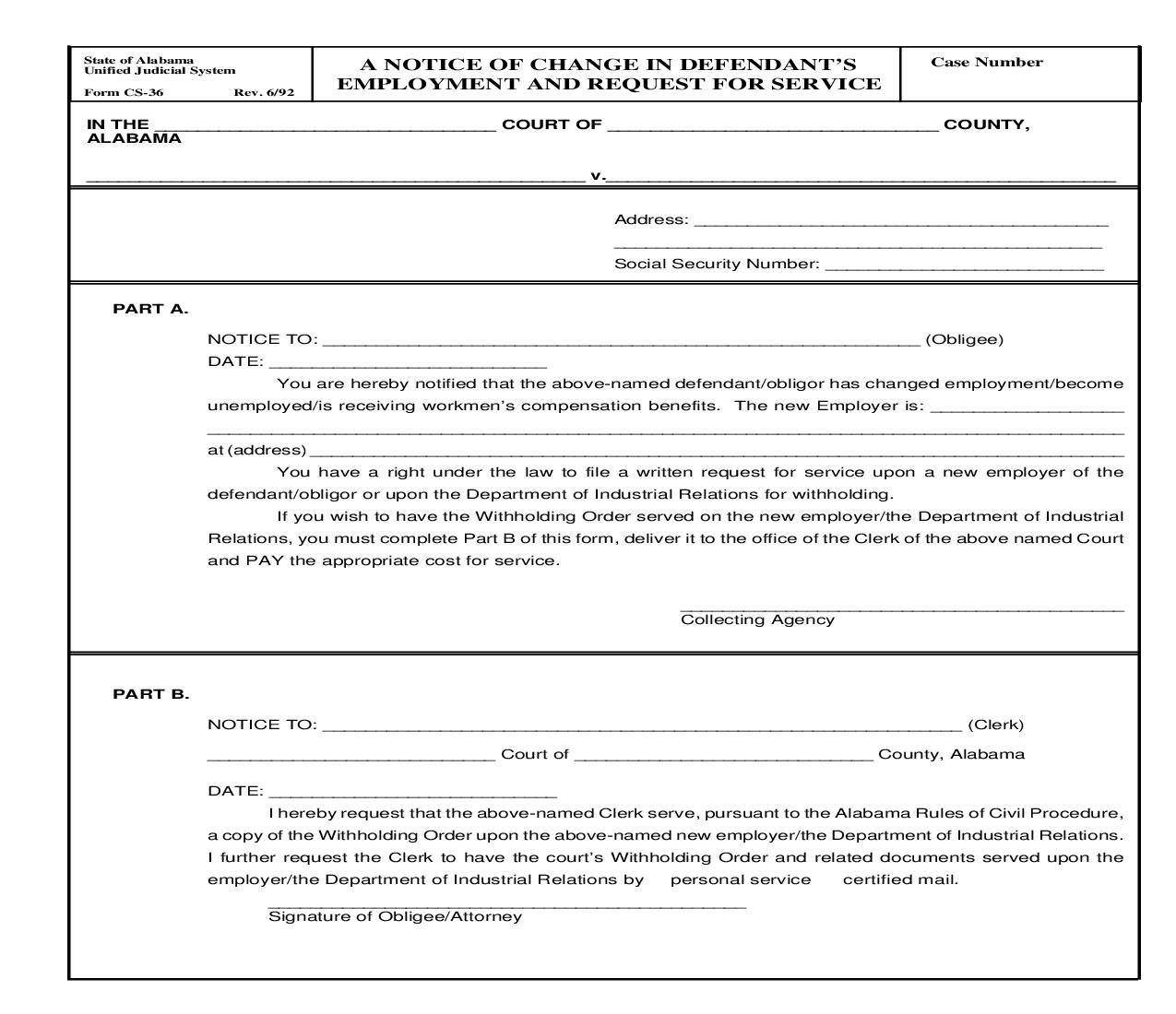 Notice Of Change In Defendants Employment And Request For Service {CS-36} | Pdf Fpdf Doc Docx | Alabama