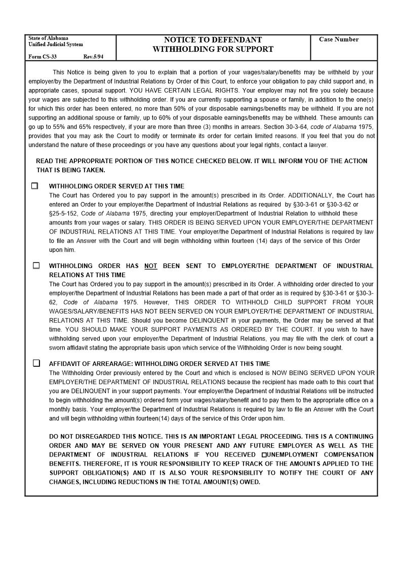 Notice To Defendant - Withholding For Support {CS-33} | Pdf Fpdf Doc Docx | Alabama