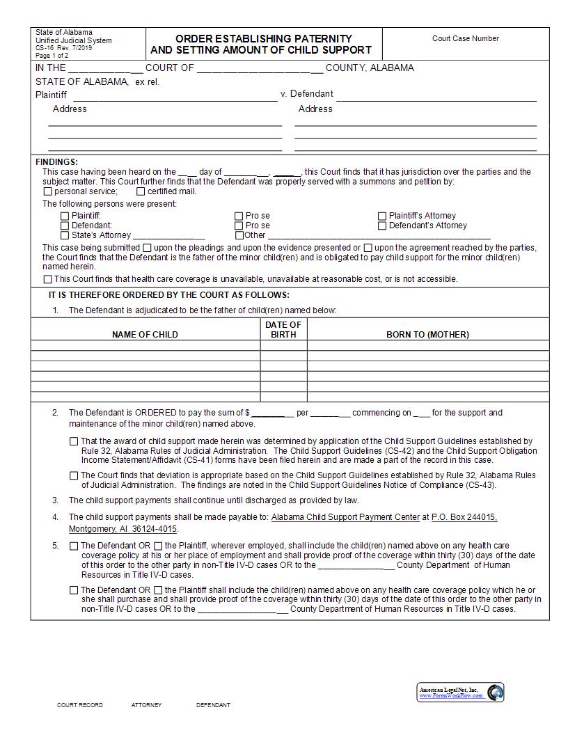 Order Establishing Paternity And Setting Amount Of Child Support {CS-16} | Pdf Fpdf Docx | Alabama