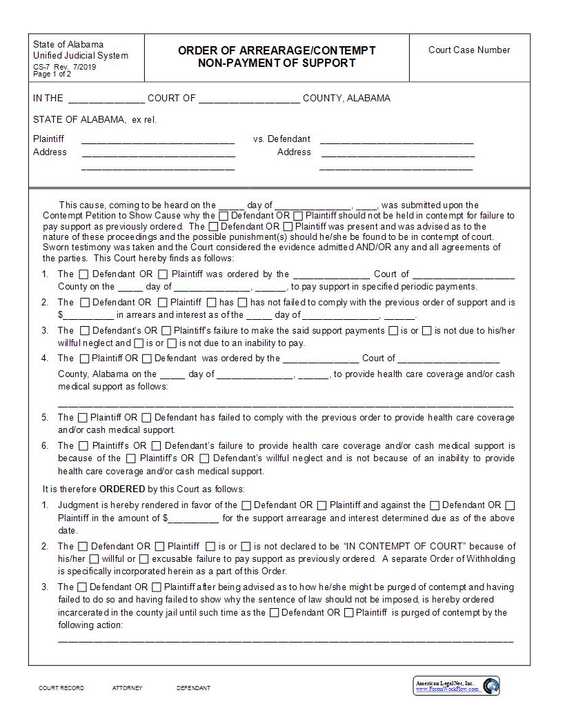 Order Of Arrearage-Contempt Nonpayment Of Support {CS-7} | Pdf Fpdf Docx | Alabama