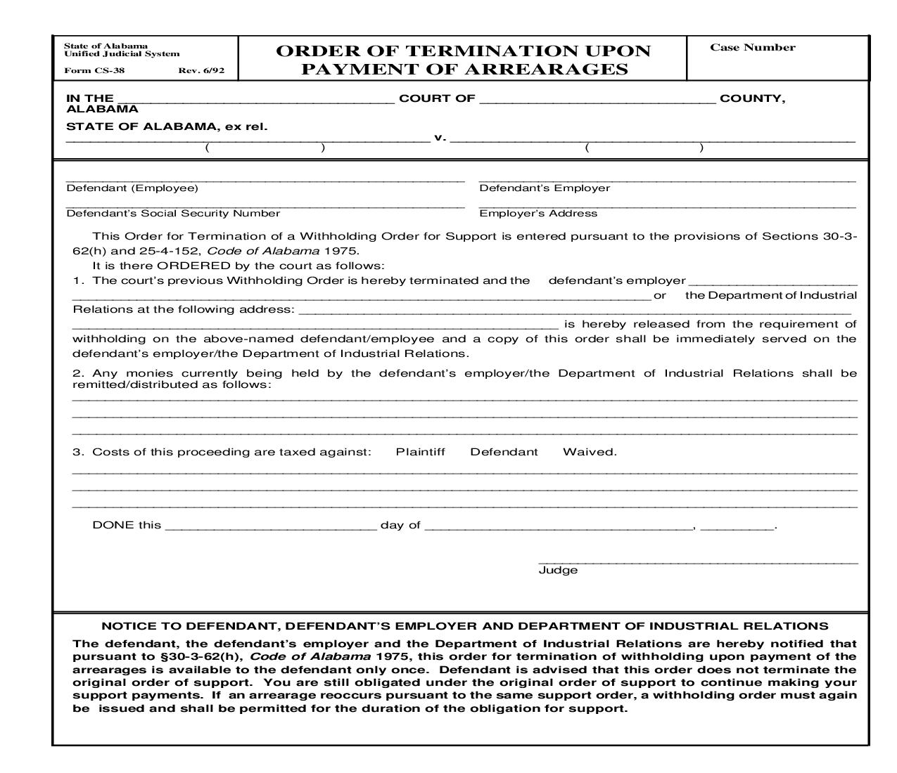 Order Of Termination Upon Payment Of Arrearages {CS-38} | Pdf Fpdf Doc Docx | Alabama