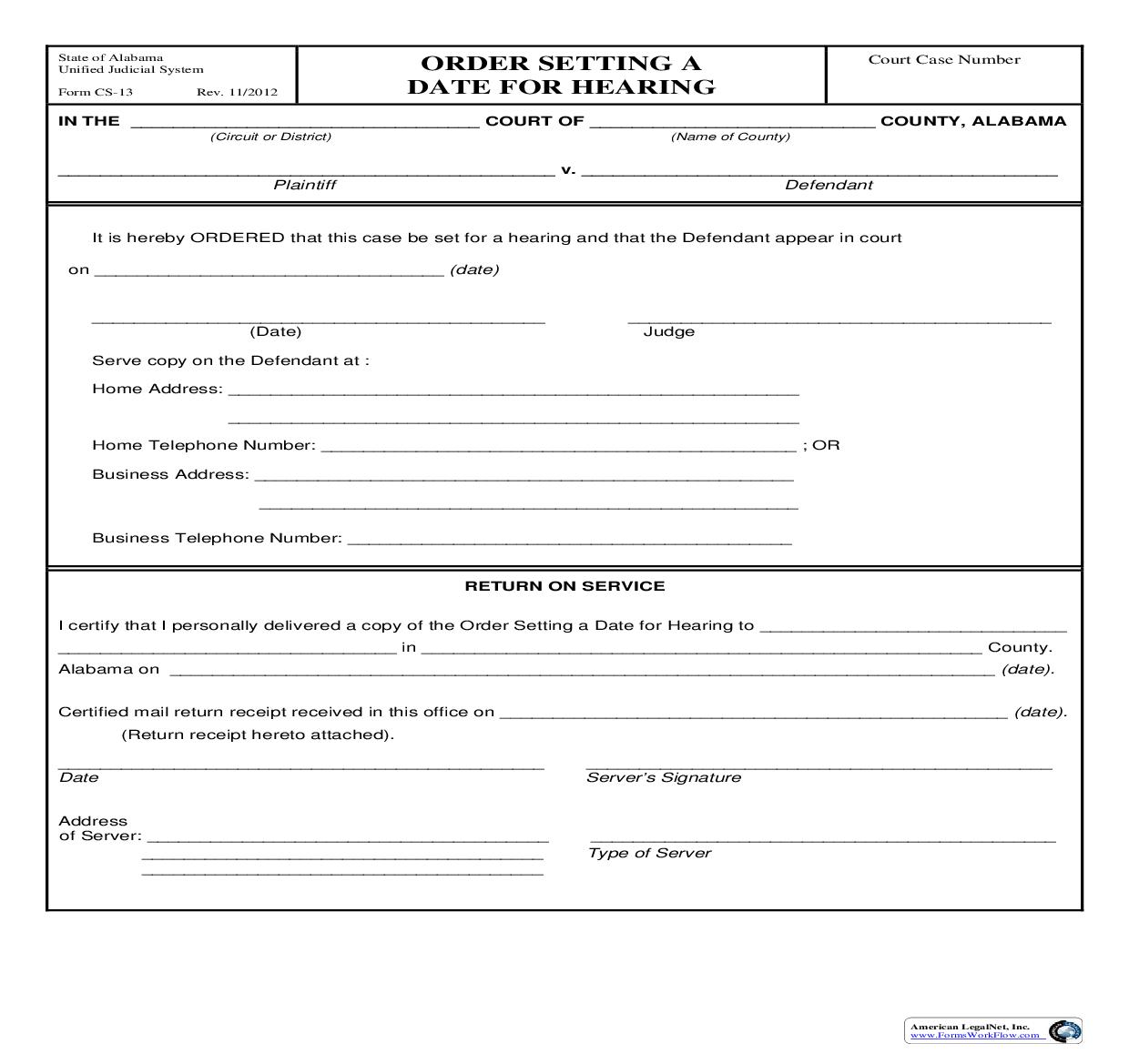 Order Setting Date For Hearing {CS-13} | Pdf Fpdf Doc Docx | Alabama