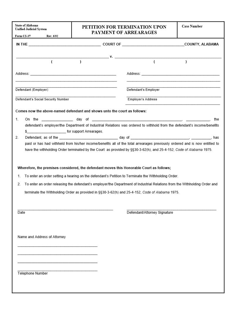 Petition For Termination Upon Payment Of Arrearages {CS-37} | Pdf Fpdf Doc Docx | Alabama
