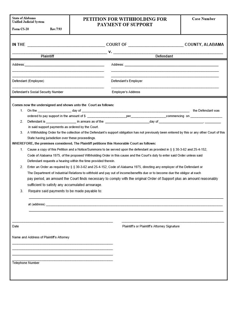 Petition For Withholding For Payment Of Support {CS-20} | Pdf Fpdf Doc Docx | Alabama