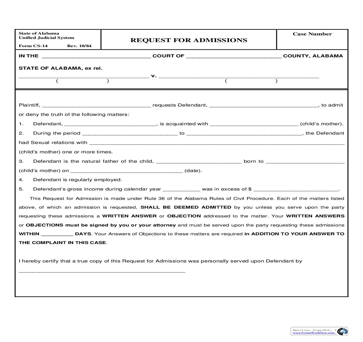 Request For Admissions {CS-14} | Pdf Fpdf Doc Docx | Alabama