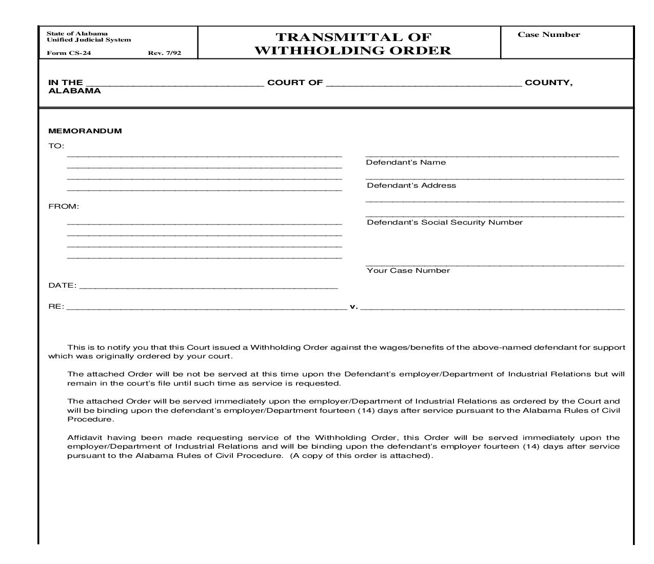 Transmittal Of Withholding Order {CS-24} | Pdf Fpdf Doc Docx | Alabama
