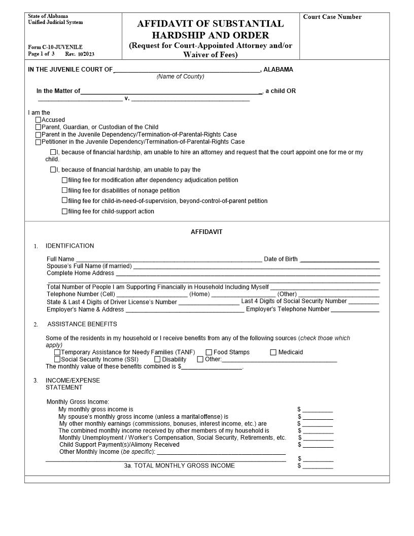 Affidavit of Substantial Hardship And Order {C-10-Juvenile} | Pdf Fpdf Docx | Alabama