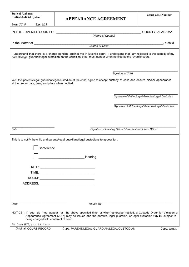 Appearance Agreement {JU-05} | Pdf Fpdf Doc Docx | Alabama