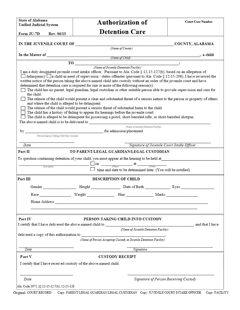 Authorization Of Detention Care {JU-07D} | Pdf Fpdf Doc Docx | Alabama