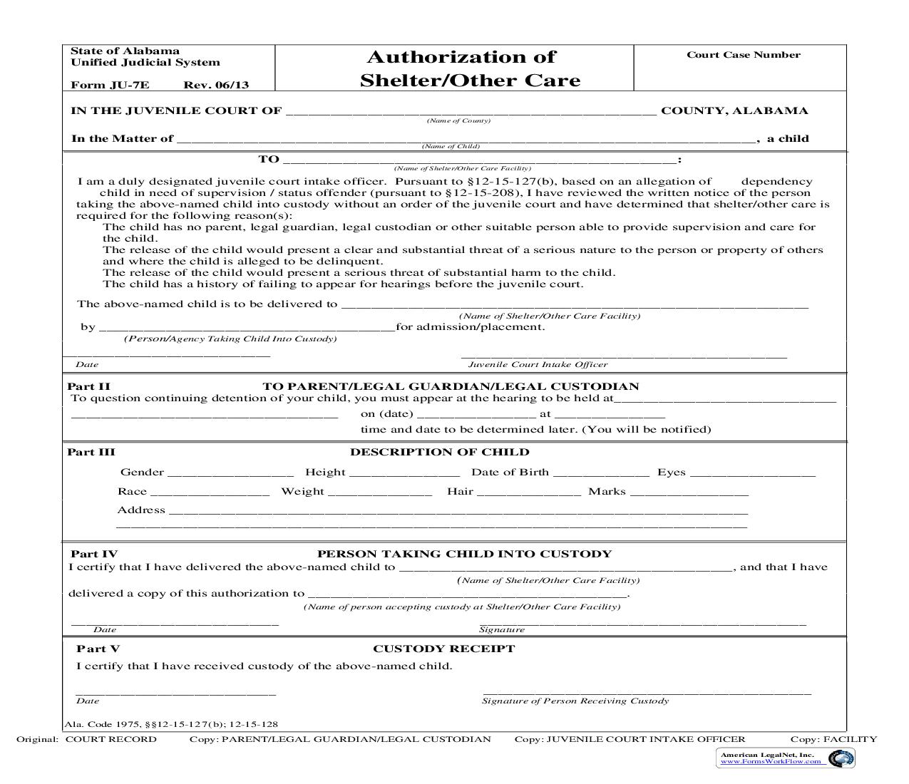 Authorization Of Shelter Or Other Care {JU-07E} | Pdf Fpdf Doc Docx | Alabama