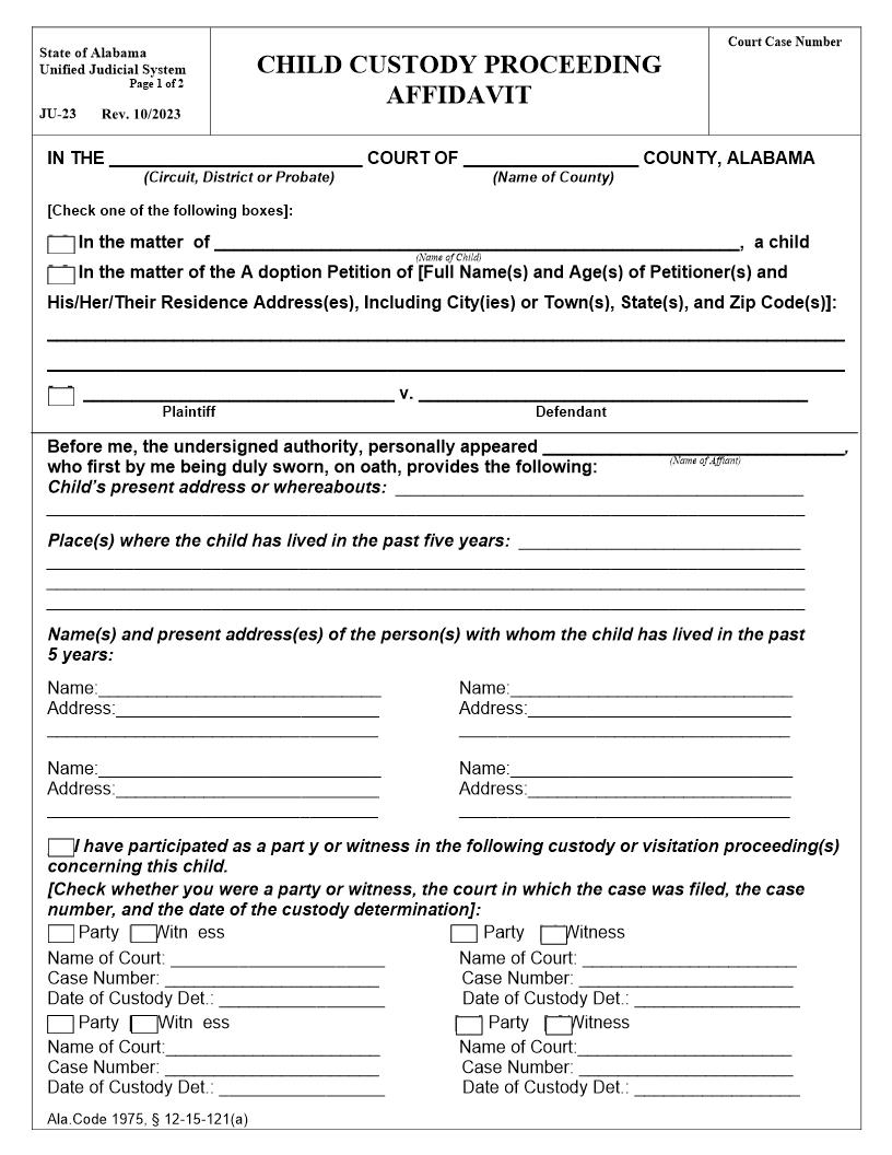 Child Custody Proceeding Affidavit {JU-23} | Pdf Fpdf Docx | Alabama