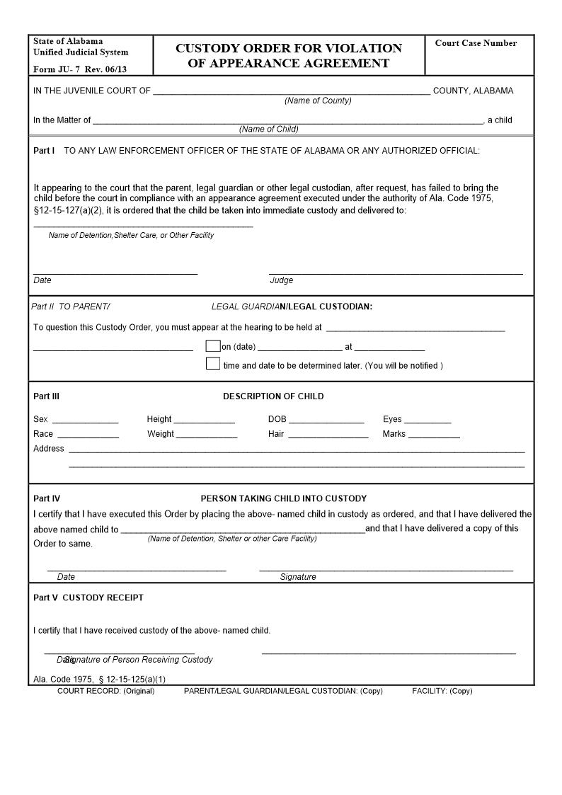 Custody Order For Violation Of Appearance Agreement {JU-07} | Pdf Fpdf Docx | Alabama