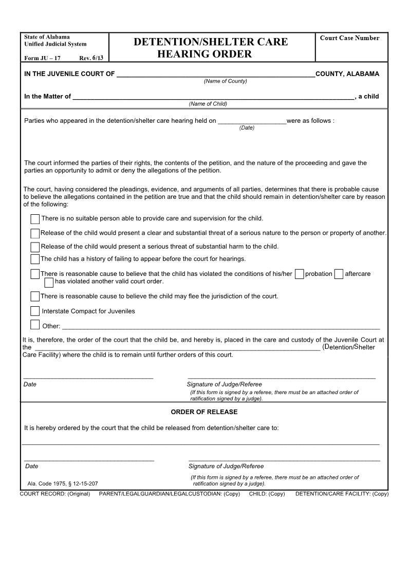 Detention Shelter Care Hearing Order {JU-17} | Pdf Fpdf Doc Docx | Alabama