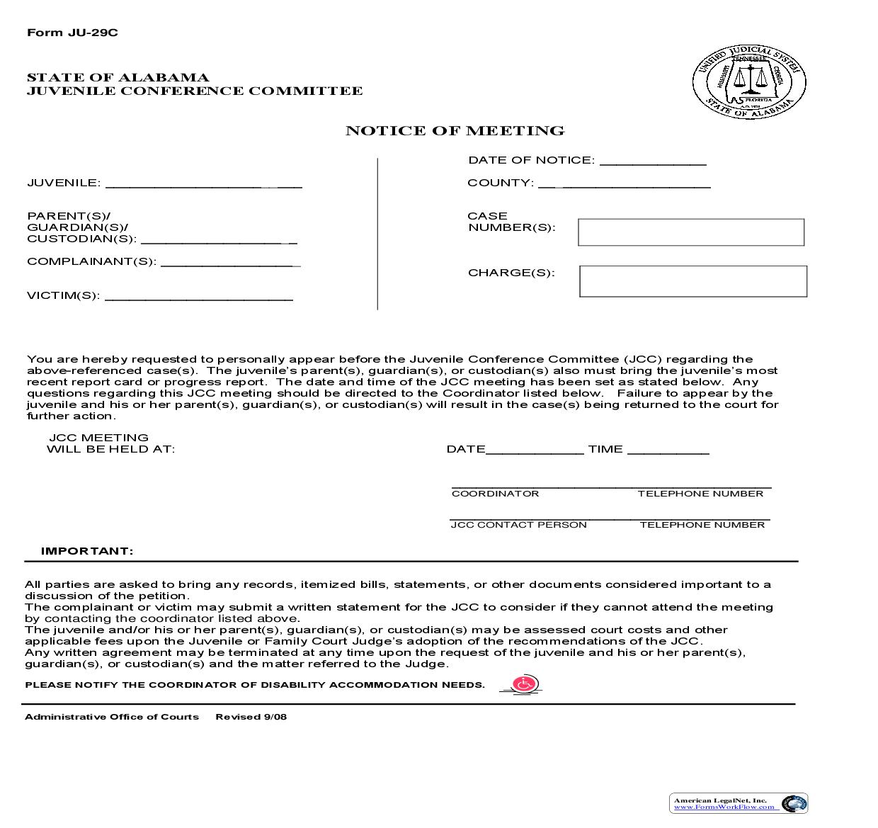 JCC Notice Of Meeting {JU-29C} | Pdf Fpdf Doc Docx | Alabama