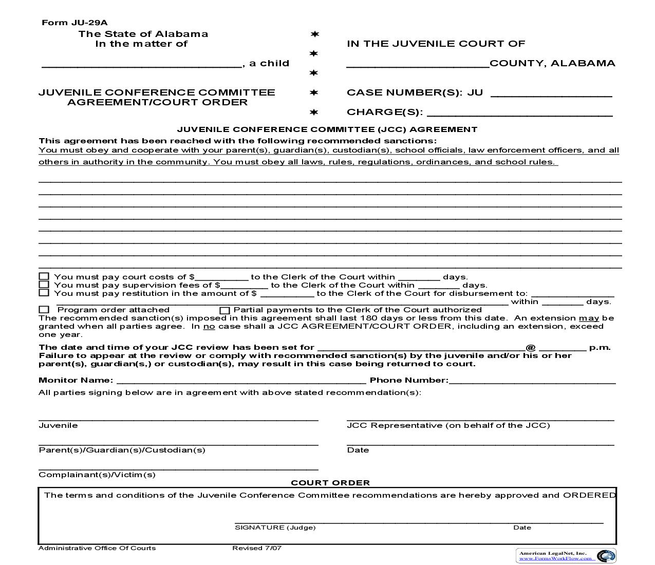 Juvenile Conference Committee (JCC) Agreement Court Order {JU-29A} | Pdf Fpdf Doc Docx | Alabama