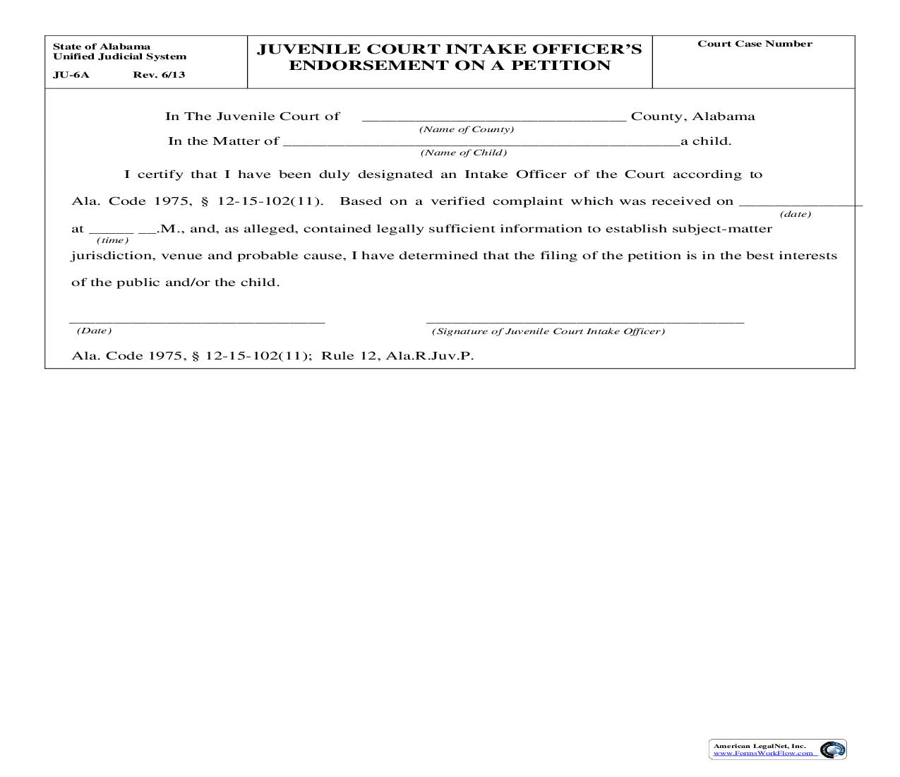 Juvenile Court Intake Officers Endorsement On A Petition {JU-06A} | Pdf Fpdf Doc Docx | Alabama