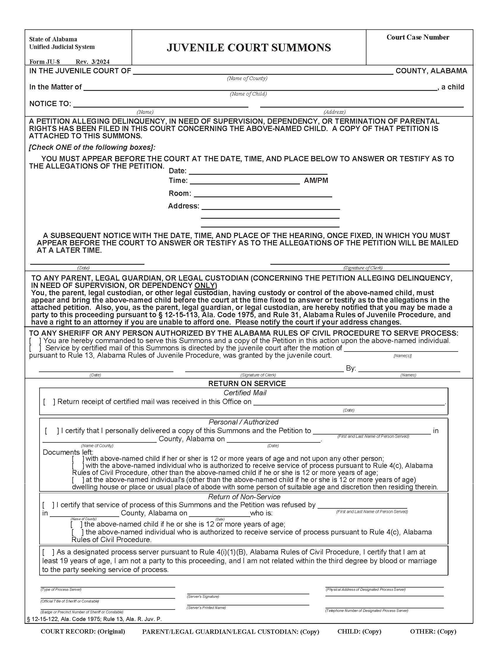 Juvenile Court Summons {JU-8} | Pdf Fpdf Doc Docx | Alabama