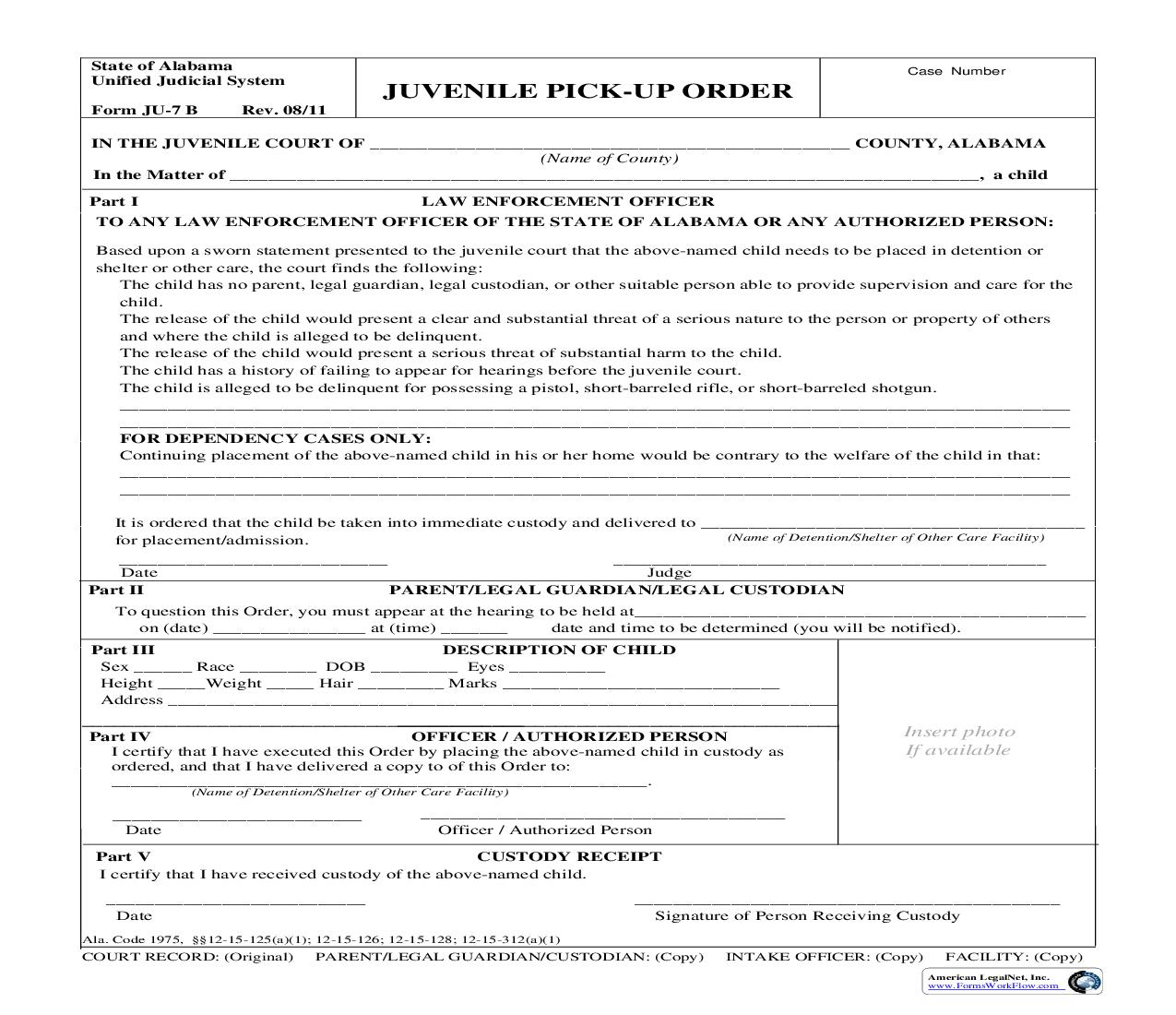 Juvenille Pick Up Order {JU-07B} | Pdf Fpdf Doc Docx | Alabama