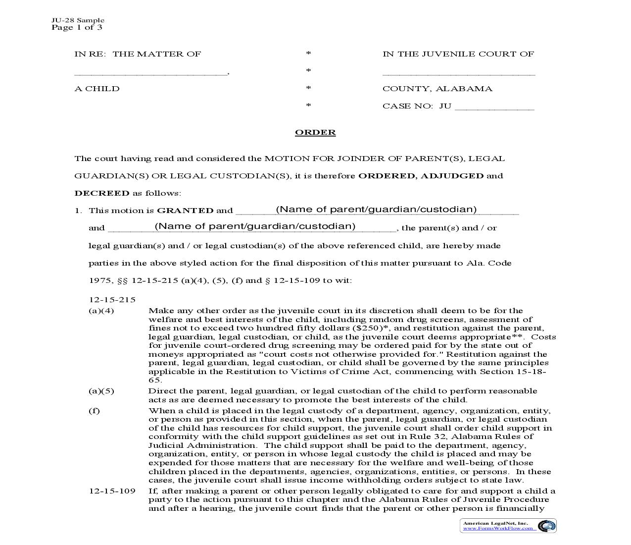 Motion And Order For Joinder Of Parent(s) Legal Guardian(s) Or Legal Custodian(s) {JU-28} | Pdf Fpdf Doc Docx | Alabama