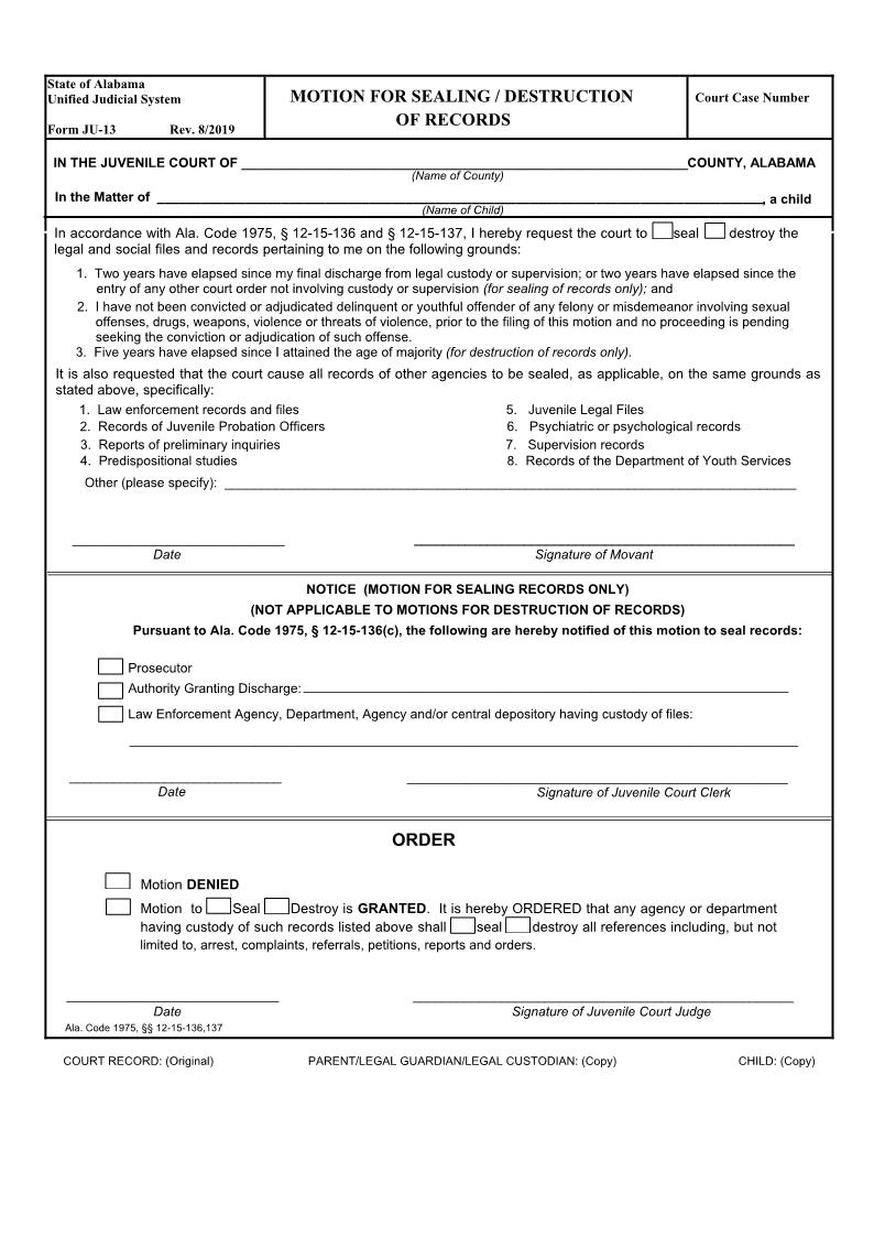 Motion For The Sealing Of Records {JU-13} | Pdf Fpdf Doc Docx | Alabama