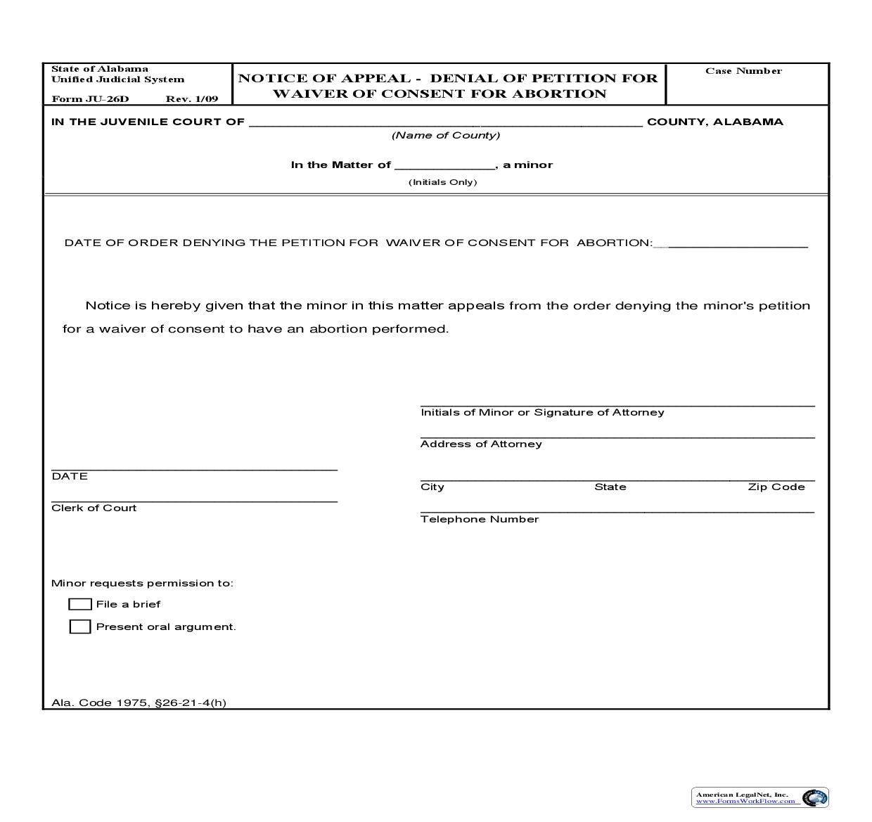 Notice Of Appeal Denial Of Petition For Waiver Of Consent For Abortion {JU-26D} | Pdf Fpdf Doc Docx | Alabama
