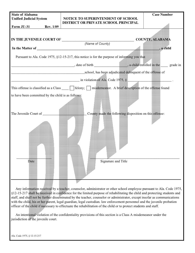Notice To Superintendent Of School District Or Private School Principal {JU-31} | Pdf Fpdf Doc Docx | Alabama