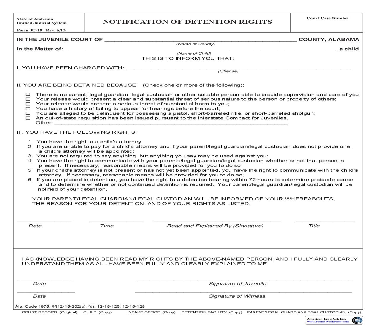 Notification Of Detention Rights {JU-19} | Pdf Fpdf Doc Docx | Alabama
