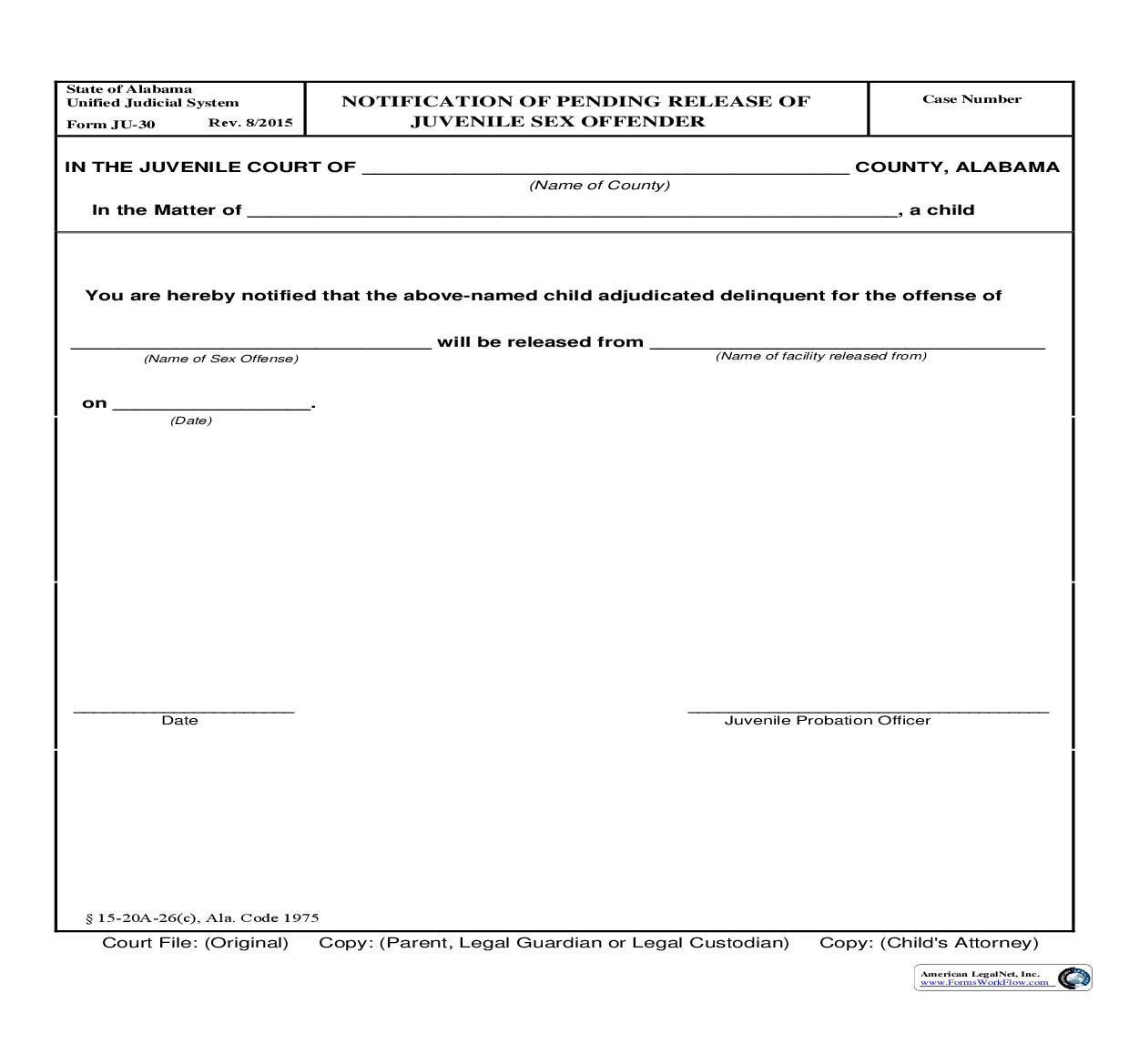 Notification Of Pending Release Of Juvenile Criminal Sex Offender {JU-30} | Pdf Fpdf Doc Docx | Alabama